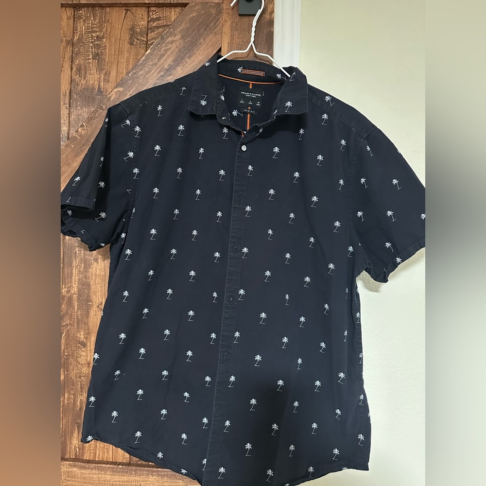 Denim & Flower Men’s Black Shirt with White Palm Tree design.